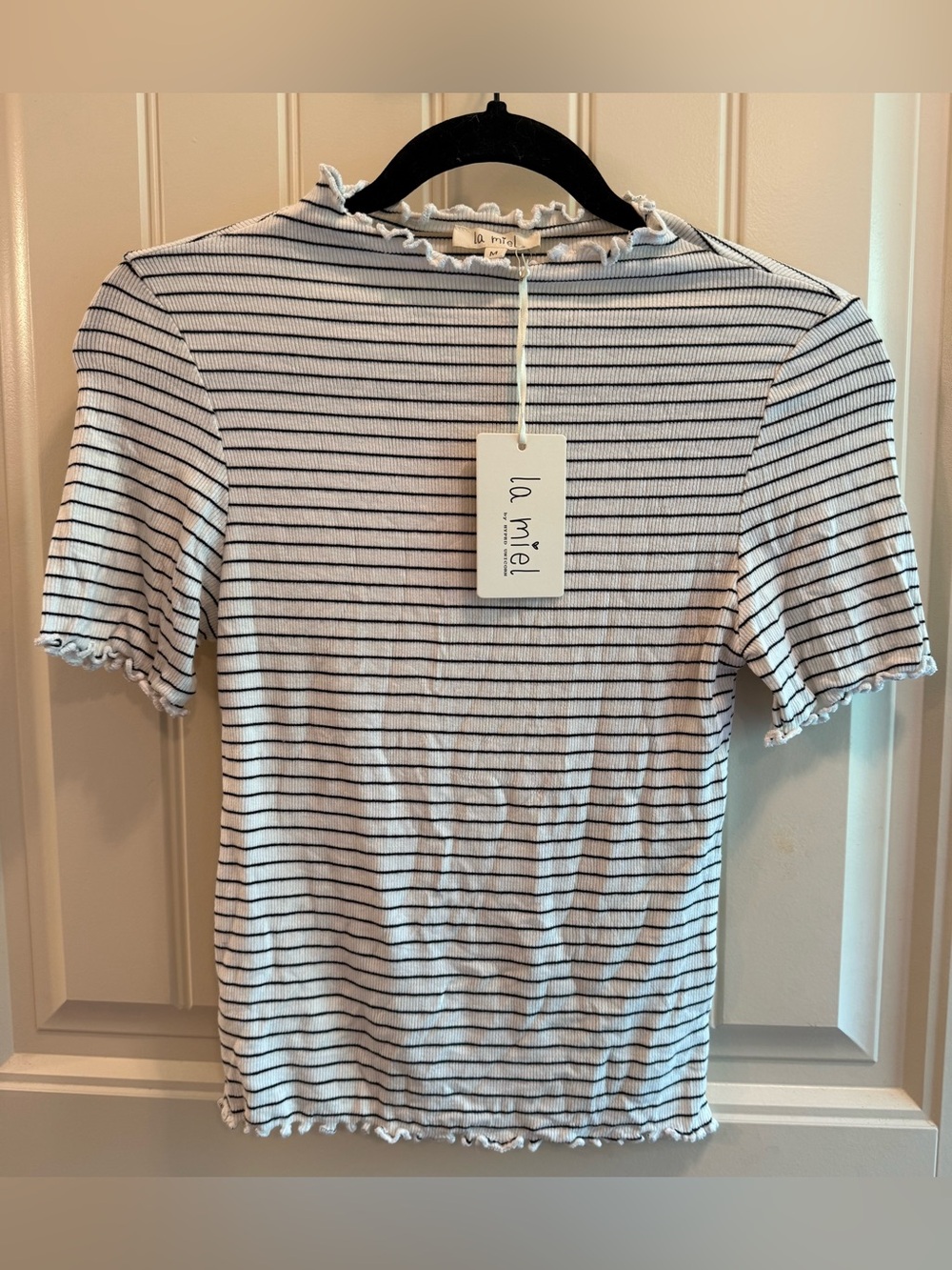LA MIEL Black & White Striped Ruffle-Edge Tee